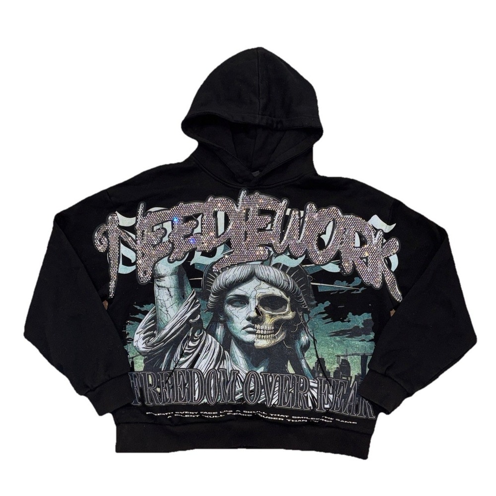 Needlework Freedom Over Fear Hoodie Bling Skull Hip Hop Skate Grunge Large